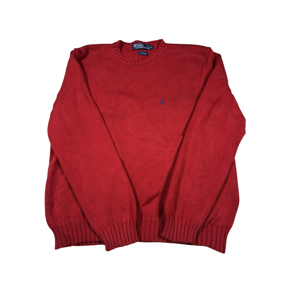 VTG Y2K Polo Ralph Lauren Mens XL Red Cotton Knit Crewneck Sweater Blue Pony